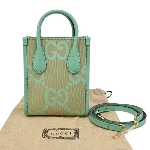 GUCCI Logo Jumbo GG 2Way Mini Shoulder Hand Bag Canvas Green Beige GHW - Picture 1 of 15